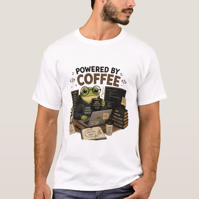 Drivs av kaffe Rolig programmerare T-shirt | Groda (Framsida)