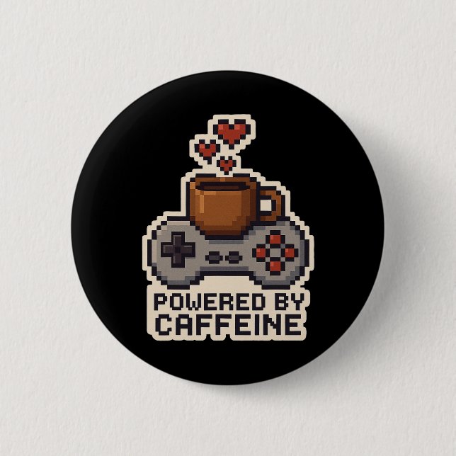 Drivs av koffein Pixel Art Spelare Kaffeälskare G Knapp (Framsida)