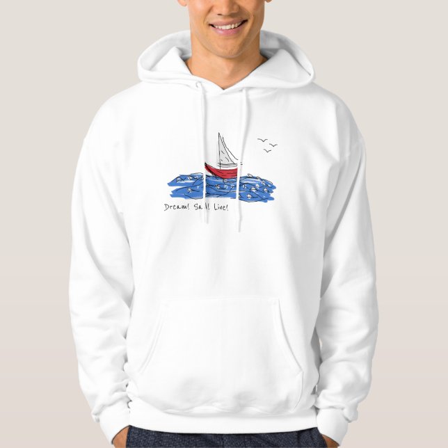 Dröm Segla Levande Sjö Båt Måsar Skiss Hoodie (Framsida)
