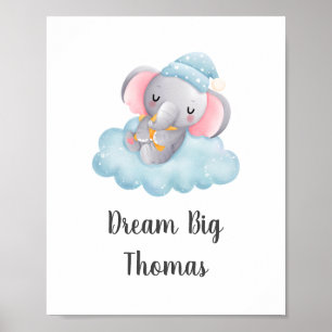 Dröm stort Blå Elefant Baby Pojke Nurseriet Väggko Poster