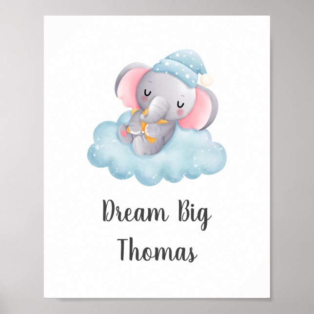 Dröm stort Blå Elefant Baby Pojke Nurseriet Väggko Poster (Framsidan)