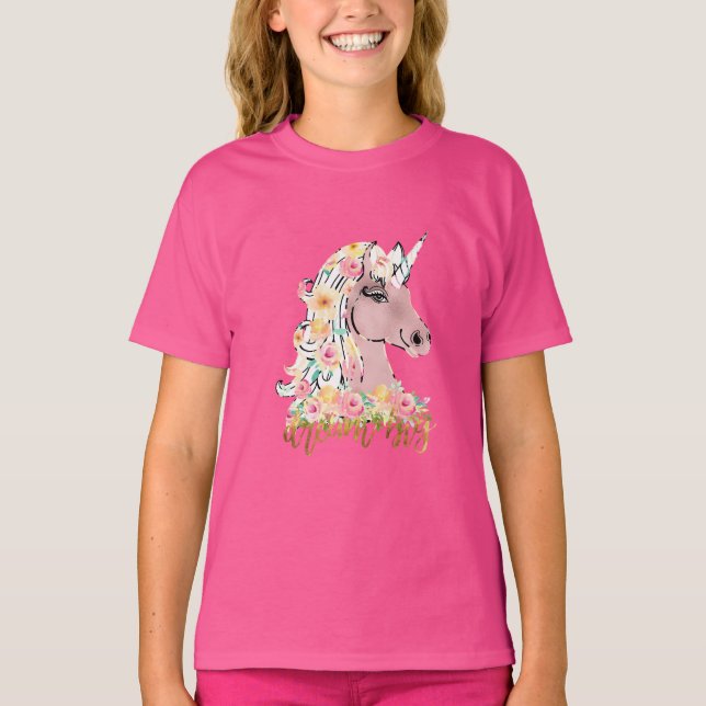 Dröm Stort Blommig Enhörning T Shirt (Framsida)