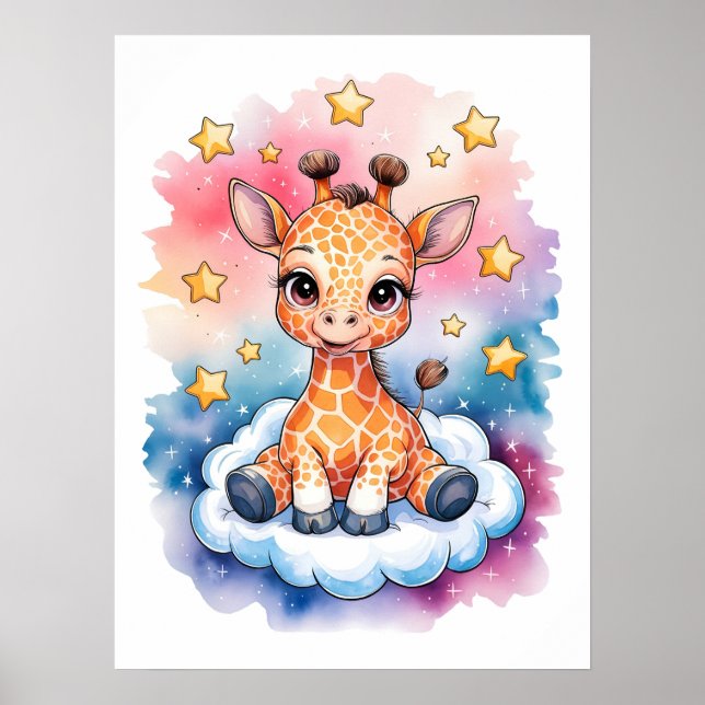 Drömbarn Giraff på en Moln - Akvarell Poster (Framsidan)