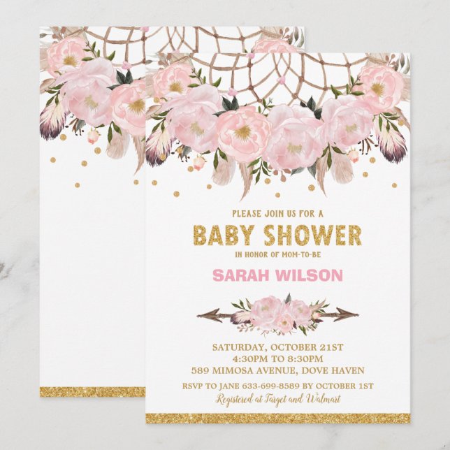 Drömfångare för baby shower flicka Boho med rosens Inbjudningar (Fram/baksida)