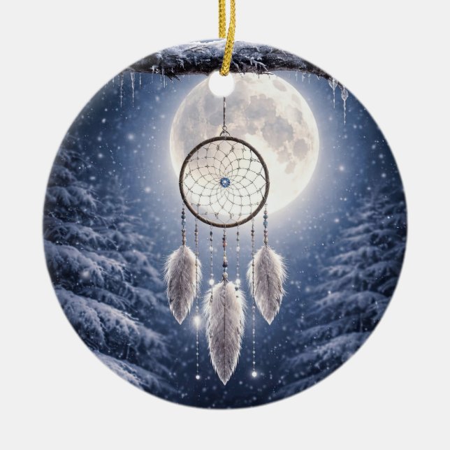 Drömfångare med inspiration från indianer Måne Vin Julgransprydnad Keramik (Framsidan)