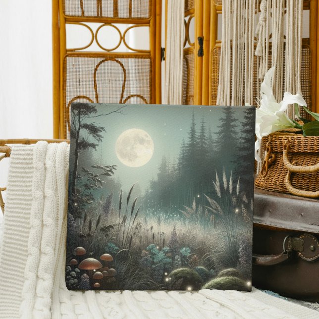 "Drömlandskap Glöd – Förtrollad Skymningsäng Canvastryck ("Enchanted forest glow, perfect for cozy and artistic interiors.")
