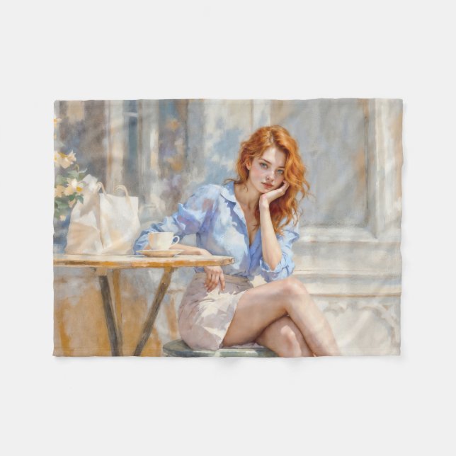 Drömlig rödhårig kvinna i mjuk färg fleecefilt (Framsidan (Horisontell))