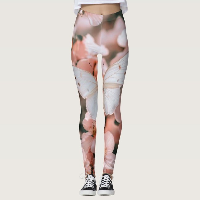 Drömlig vit fjäril på mjuka rosa blommor leggings (Framsida)