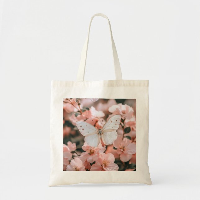Drömlig vit fjäril på mjuka rosa blommor tygkasse (Framsidan)