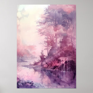Drömlik akvarellskog i rosa nyanser poster