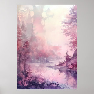 Drömlik akvarellskog i rosa nyanser poster