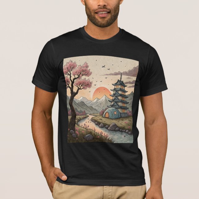 Drömlik bergspagodascen med flod och blomning t shirt (Framsida)