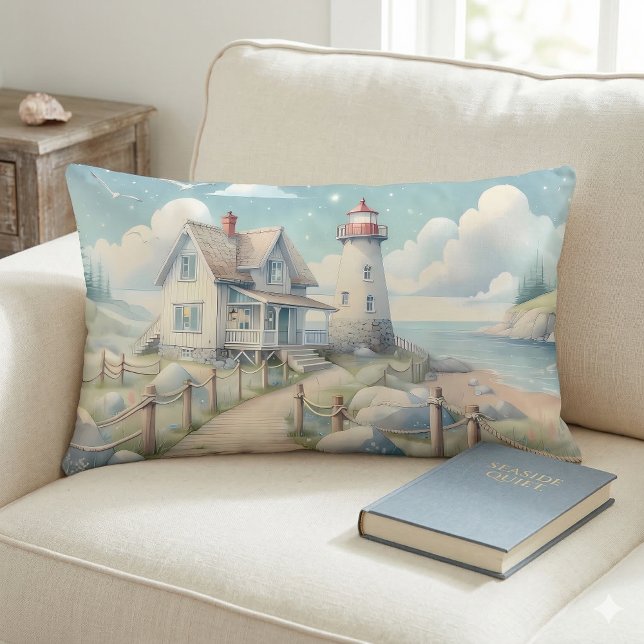 Drömlik Pastell Fyr vid Havet Lumbarkudde (Dreamy Pastel Lighthouse by the Sea Lumbar Pillow On Sofa)
