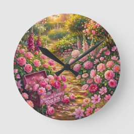 Drömlik rosa blomsterträdgårdsstigsmålning rund klocka