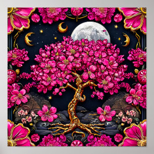 Drömlik Rosa Träd och Måne Whimsisk Fantasy konst Poster