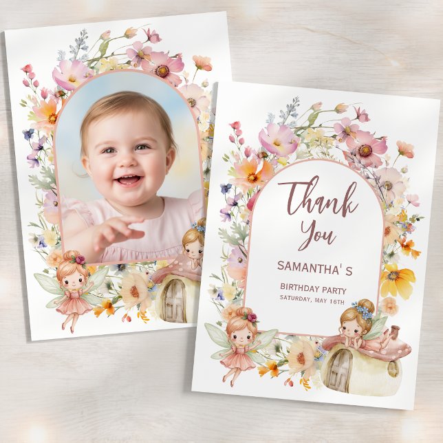 Drömlik Sagoland Första Födelsedagsfoto Tack Kort (Dreamy Fairyland First Birthday Photo Thank You Card)