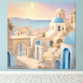 Drömlika Santorini Grekland Akvarell - Blå Kuppol Canvastryck