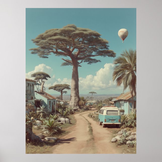 Drömlikt Baobab-landskap med Vintage husbil Poster (Framsidan)