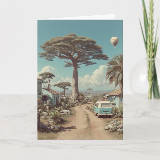 Drömlikt baobablandskap med vintage husbil kort (Framsida)