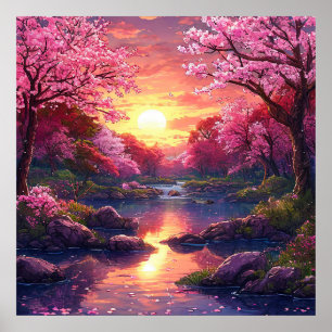 Drömlikt Rosa Blommande Träd Solnedgång Sjöns Lugn Poster