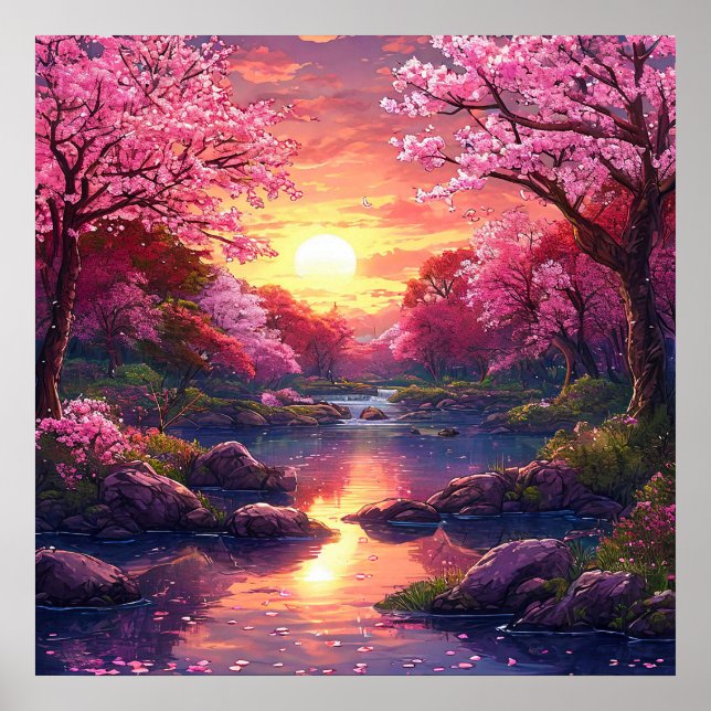 Drömlikt Rosa Blommande Träd Solnedgång Sjöns Lugn Poster (Framsidan)
