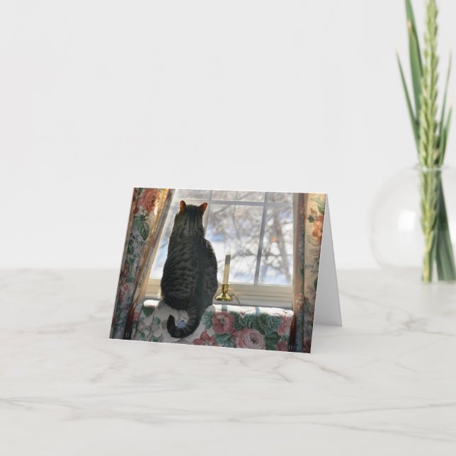 Drömma av jul för en vit - katt på fönstret helgkort (Framsida)