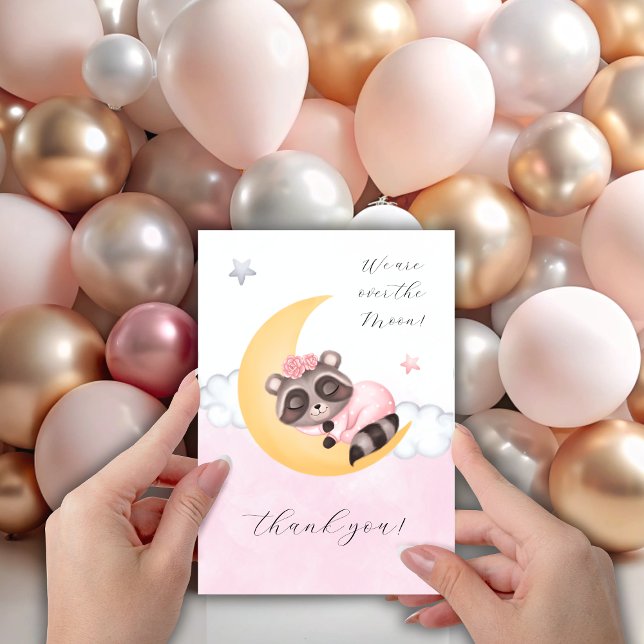 drömma om baby-rackokonen i måne tack kort (dreamy over the moon baby raccoon thank you card)