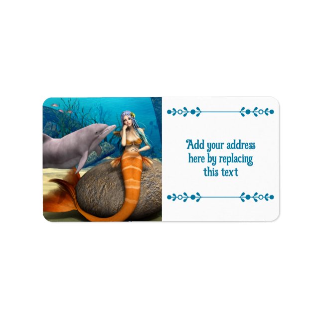 Drömmande Havsjungfru Delfin Undervattens Fantasy  Adressetikett (Framsidan)