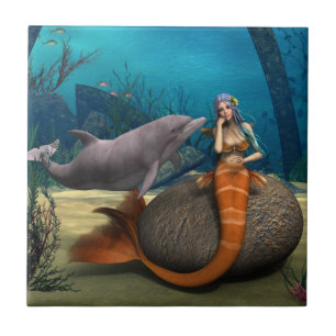 Drömmande Havsjungfru Delfin Undervattens Fantasy Kakelplatta
