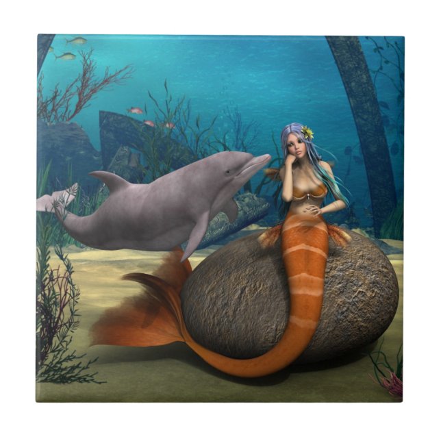 Drömmande Havsjungfru Delfin Undervattens Fantasy  Kakelplatta (Framsidan)