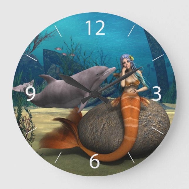 Drömmande Havsjungfru Delfin Undervattens Fantasy  Stor Klocka (Framsida)