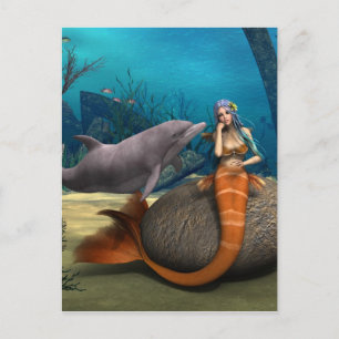 Drömmande Havsjungfru Delfin Undervattens Fantasy Vykort