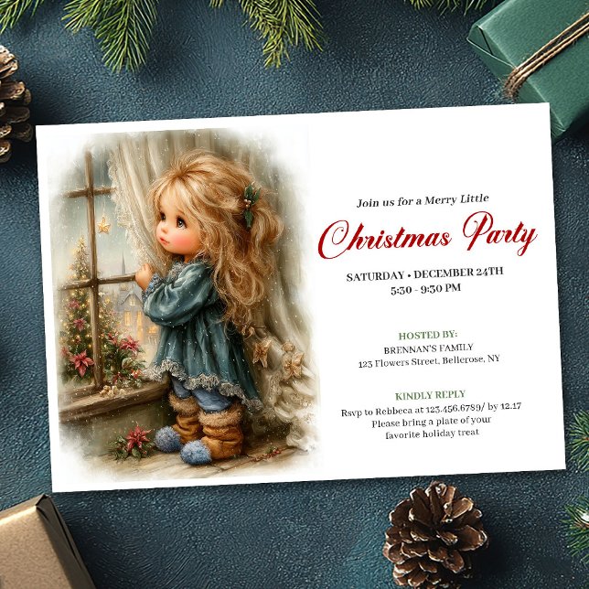 Drömmande liten flicka som väntar på tomte - redig inbjudningar (Dreamful Little Girl Awaiting Santa Editable Invitation)