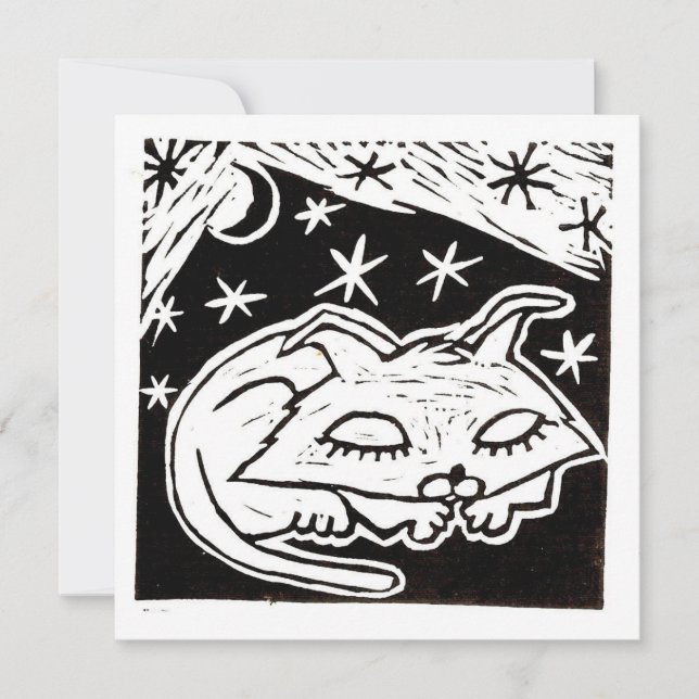 Drömmande mellan stjärnorna Katt linocut Inbjudningar (Framsida)