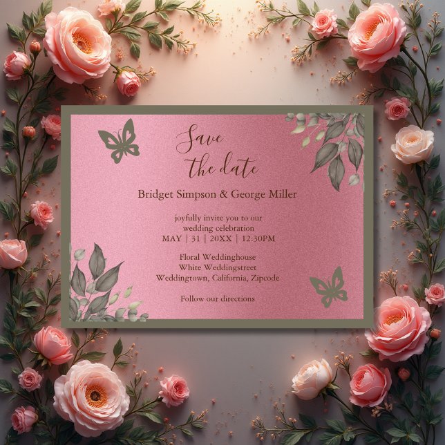 drömmande rosa glitter foliage bröllop säkra datum inbjudningar (Skapare uppladdad)