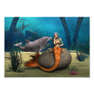 Drömmande sjöjungfru delfin undervattens fantasy k fototryck
