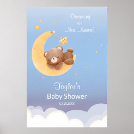 Drömmande teddybjörn Mån Mjuk Blå Baby Shower Poster