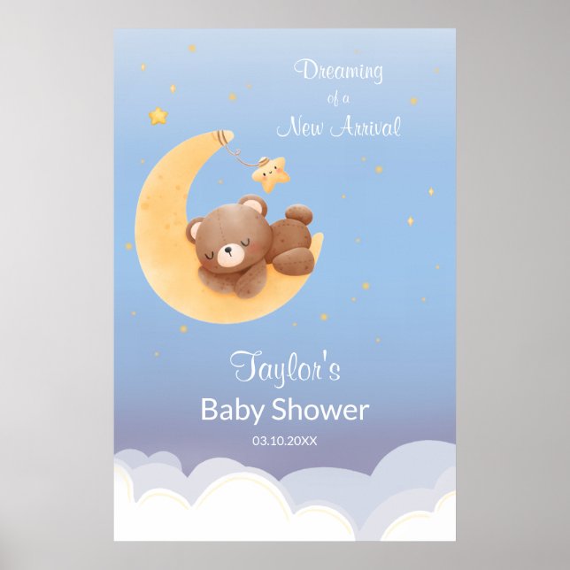 Drömmande teddybjörn Mån Mjuk Blå Baby Shower Poster (Framsidan)