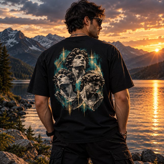 Drömmar gotisk skulpturkonst t shirt (Ancient art meets modern streetwear — bold marble figures, teal energy, and golden celestial details)