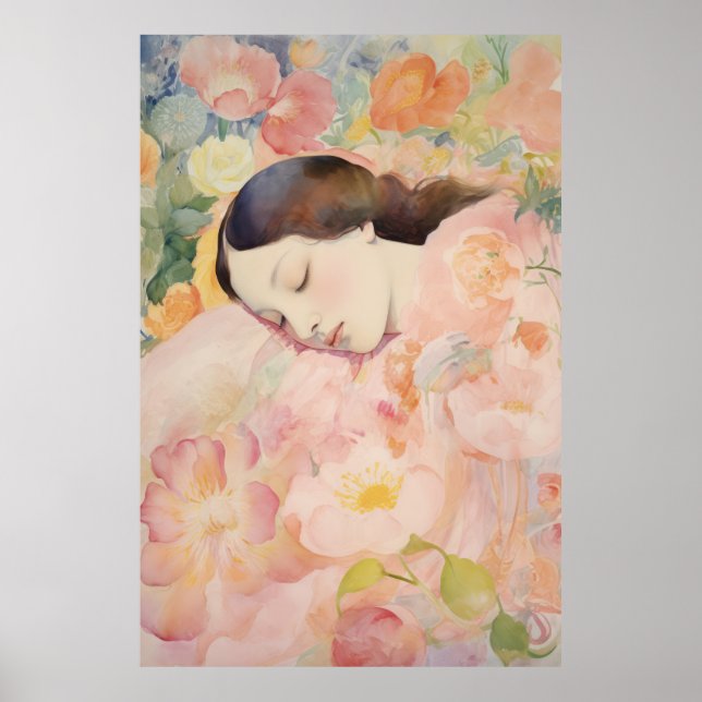 Drömmar i blomning – Vattenfärg sovande kvinna Poster (Framsidan)