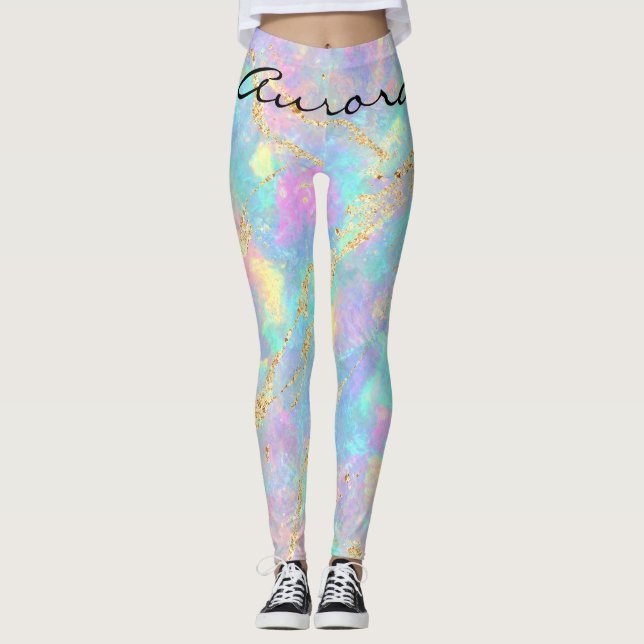Drömmar Iridescent Opal Marmor Shimmering Guld Fol Leggings (Framsida)