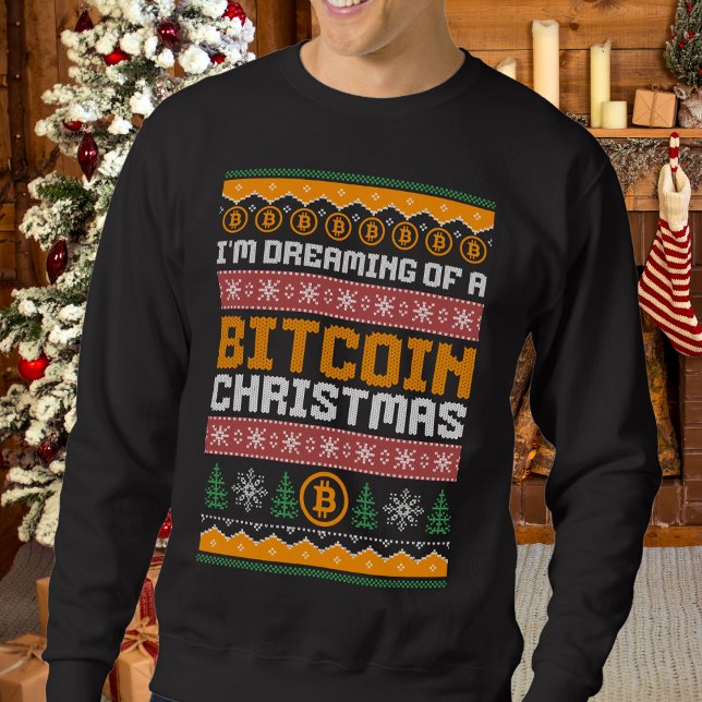 Drömmer om BITCOIN CHRISTMAS Faux Sticka Mönster Lång Ärmad Tröja (Fun, stylish DREAMING OF A BITCOIN CHRISTMAS ugly sweatshirt for family and coworker parties)
