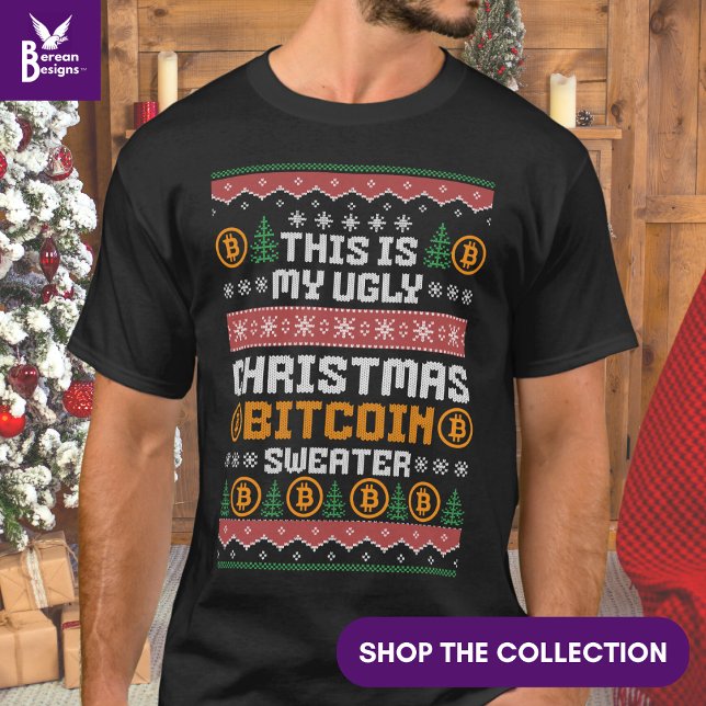 Drömmer om BITCOIN CHRISTMAS Faux Sticka Mönster T Shirt (Ugly CHRSTMAS BITCOIN T-shirt with Nordic-inspired typography. )