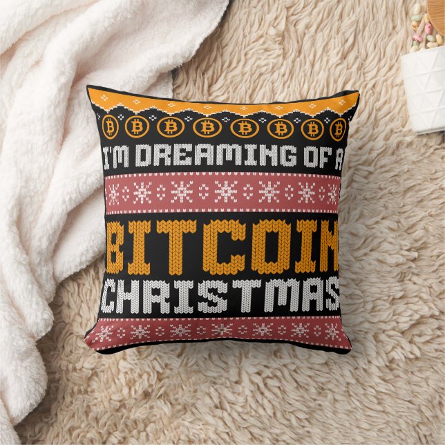 Drömmer om en BITCOIN JUL Falsk Stickad Mönster Kudde (Filt)