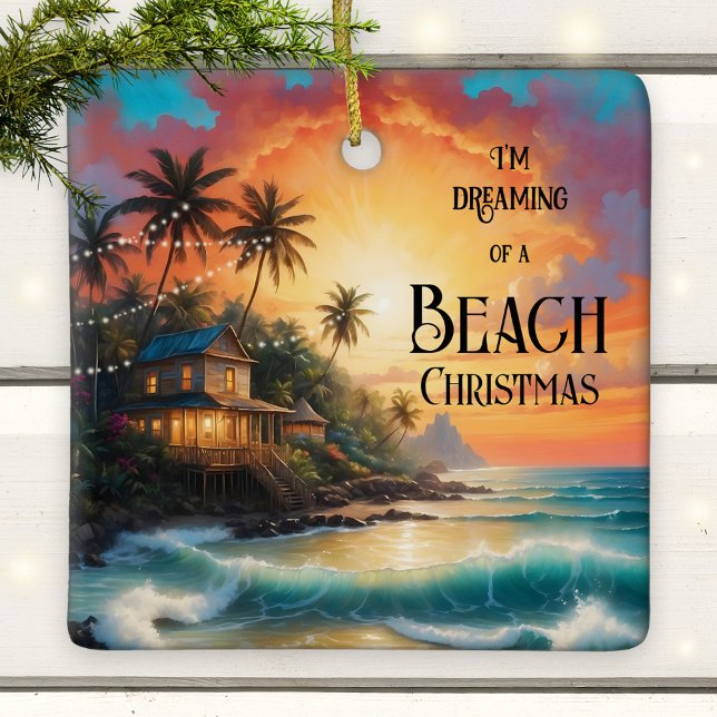 Drömmer om en tropisk strand julgransprydnad keramik (Colorful Christmas ornament featuring a painting of a house on a tropical beach)