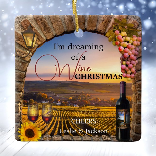 Drömmer om en Vin-julprydnad Julgransprydnad Keramik (Wine themed Christmas ornament featuring a painting of a Roman arch overlooking a vineyard landscape)