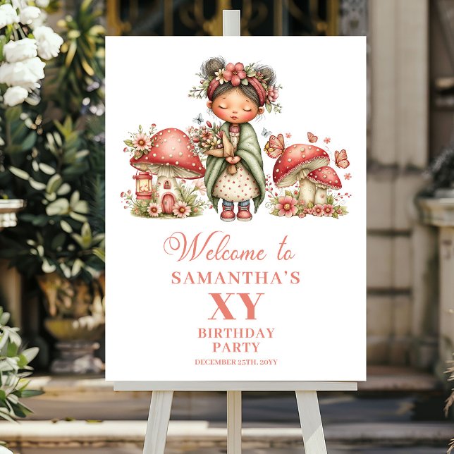 Drömmig Ängsrosa Blommig Flickas Födelsedags Hälsn Poster (Dreamy Fairy Pink Floral Girl Birthday Welcome Sign)