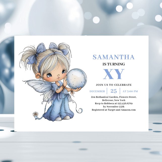 Drömmig Blå Älvflicka 1-års Födelsedagsinbjudan i  Inbjudningar (Dreamy Blue Fairy Girl 1st Birthday Pastel invitation)