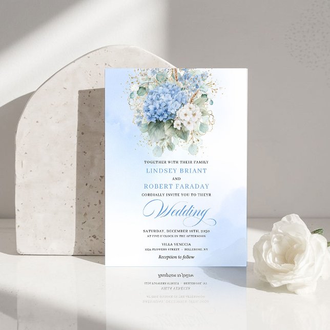 Drömmig Blå Hortensia Guld Blommig Bröllopsinbjuda Inbjudningar (Dreamy Blue Hydrangea Gold Floral Wedding Invitation)