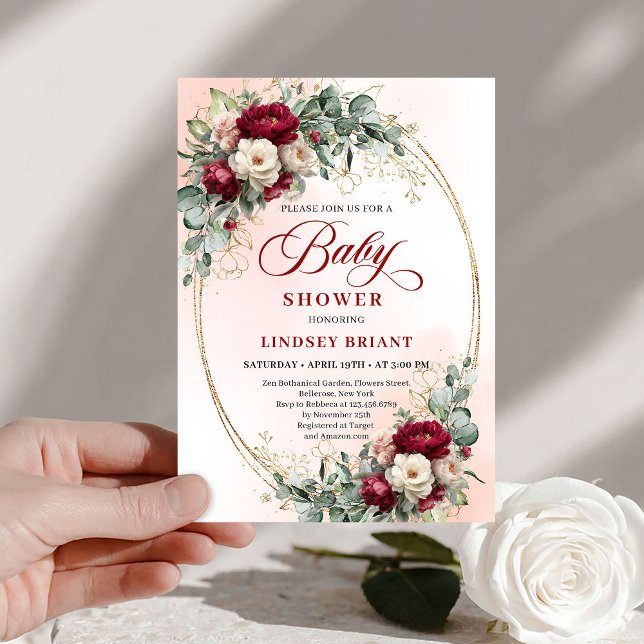 Drömmig bohemisk djupröd blommande babyfirande inbjudningar (Dreamy Bohemian Deep Red Floral Baby Shower)
